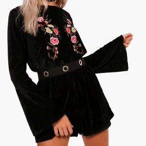 Boohoo Velvet Embroidered Floral Romper Black